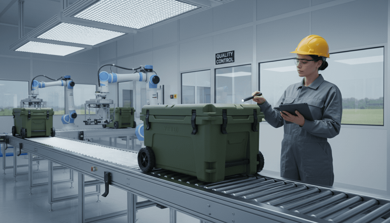 Close-up of a roto-molded hard cooler on a production line