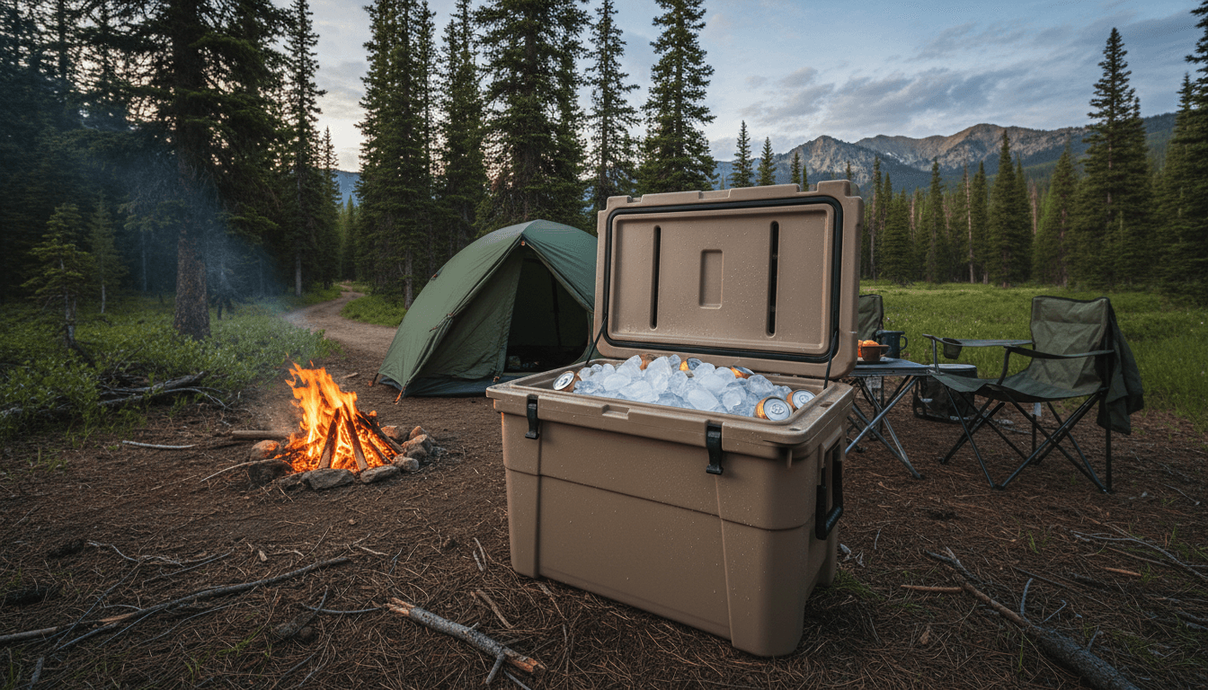 Hard cooler packed with ice in an outdoor campsite