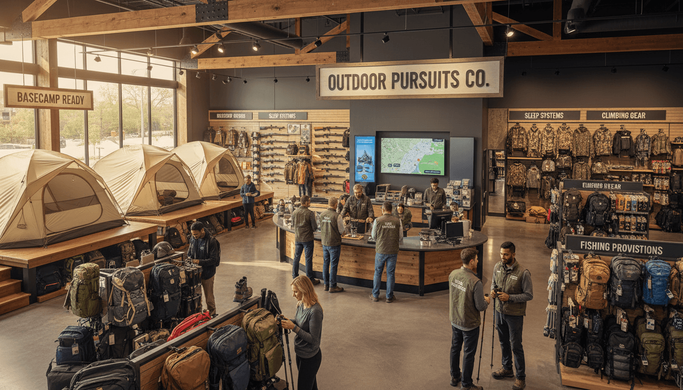 Outdoor camping gear and coolers arranged on a retail shelf