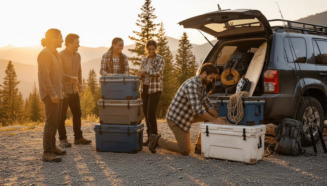 Hard cooler with thick roto-molded shell on rocky campsite