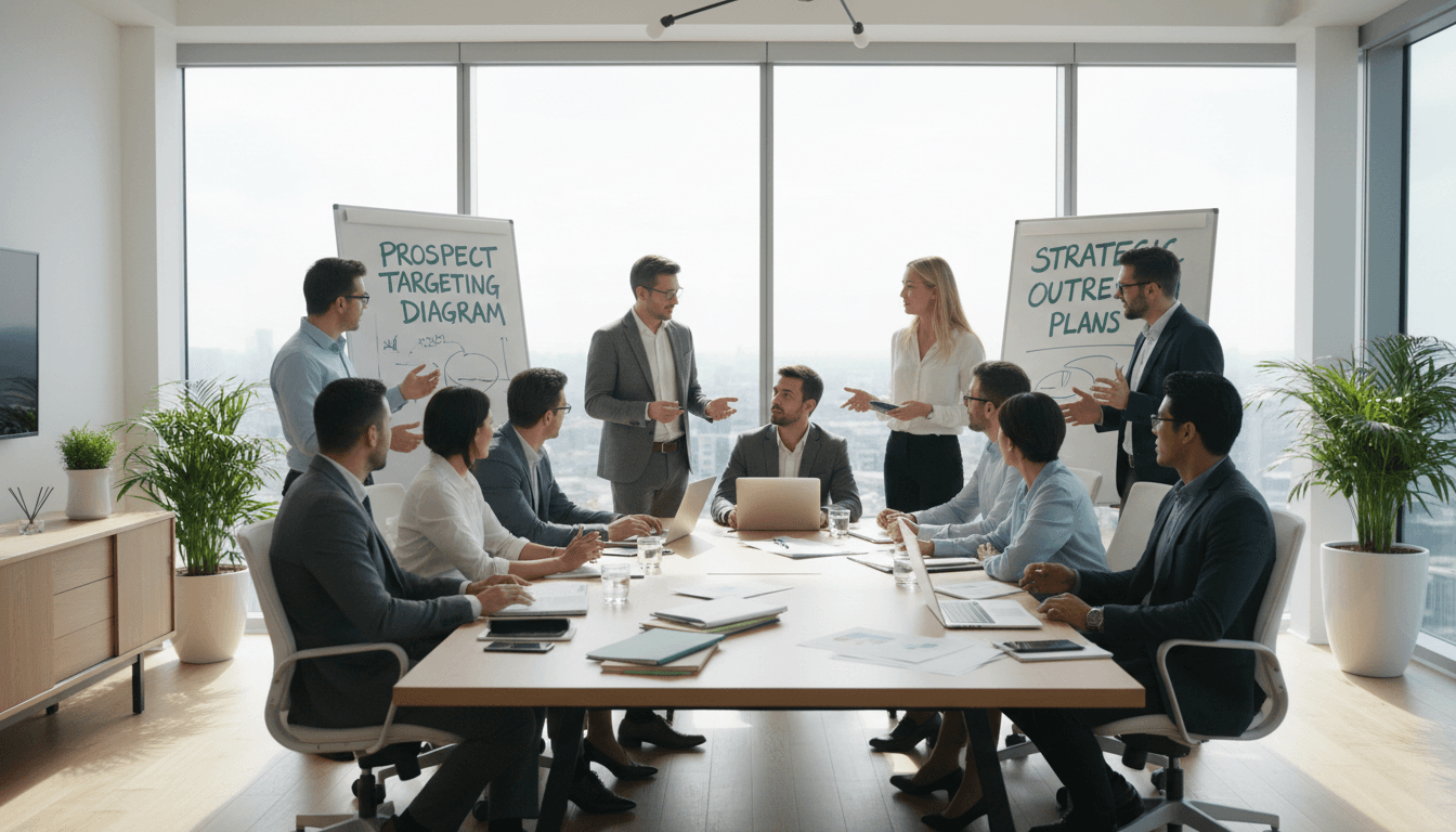 Professional team meeting in a bright modern office with a global map in the background