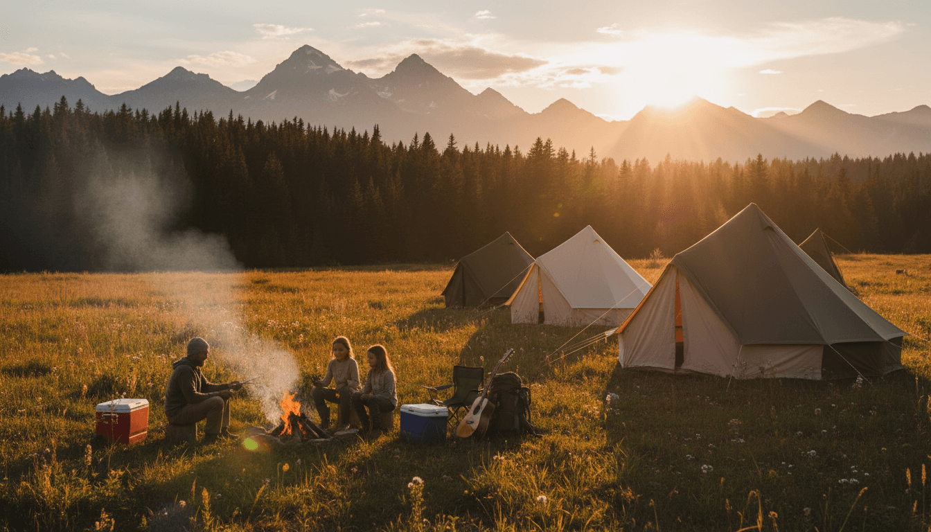 Modern family tent pitched in grassy meadow with mountains background