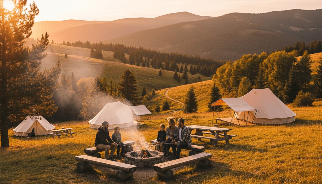 Group around campfire with camping chairs and tents