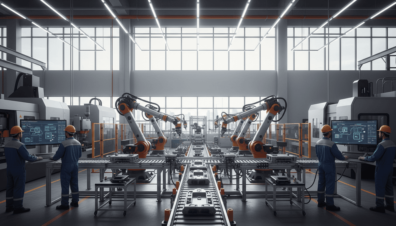 Aerial view of automated manufacturing facility with advanced machinery