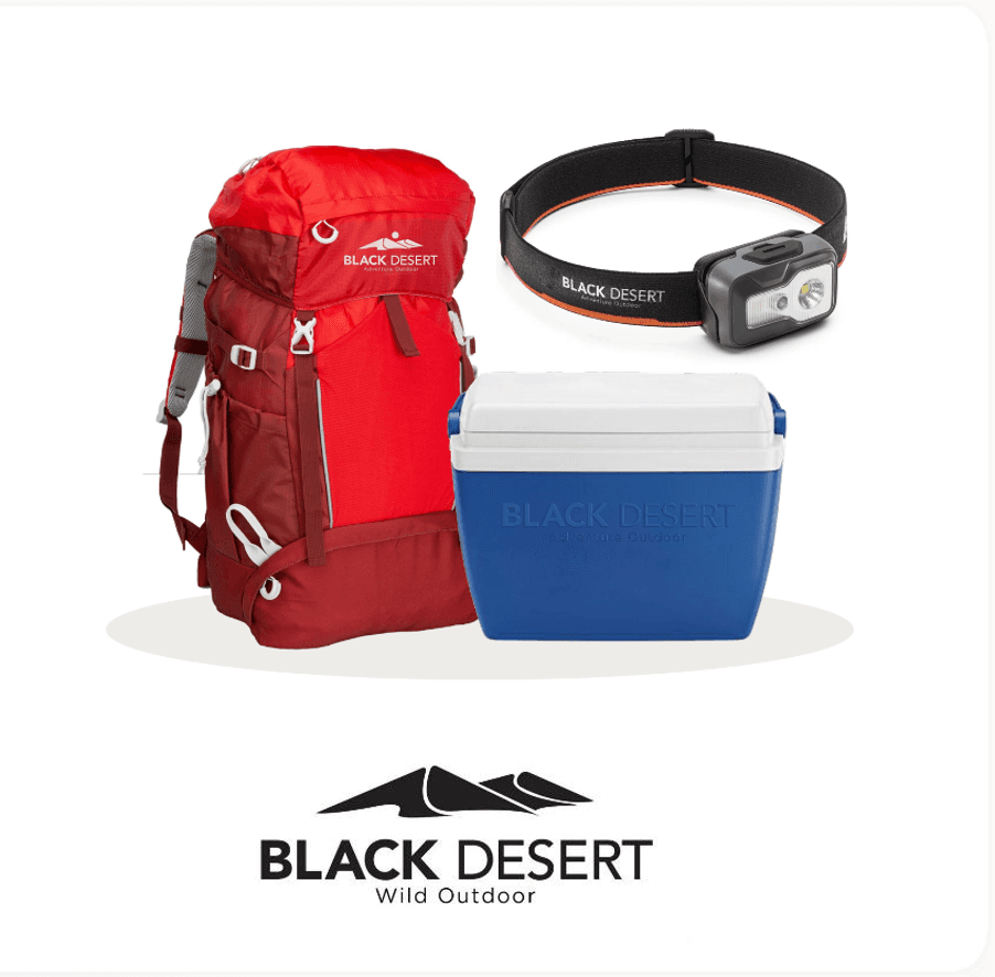 Red hiking backpack, black headlamp, and blue cooler box featuring Black Desert outdoor branding.