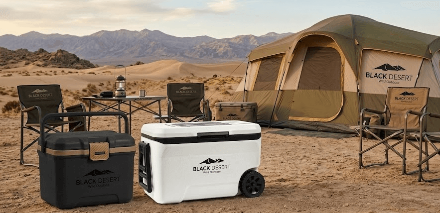 Black Desert branded camping gear including a tent, chairs, and coolers in a desert.