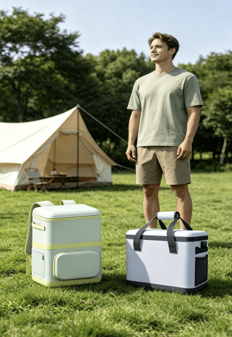 Man standing in a field with a light green backpack cooler and white cooler bag.