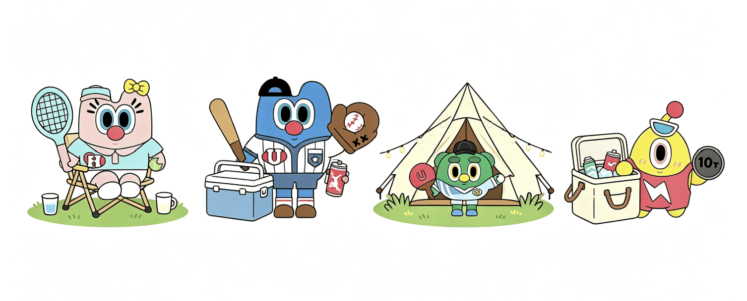 Four colorful cartoon characters participating in tennis, baseball, camping, and weightlifting activities outdoors.