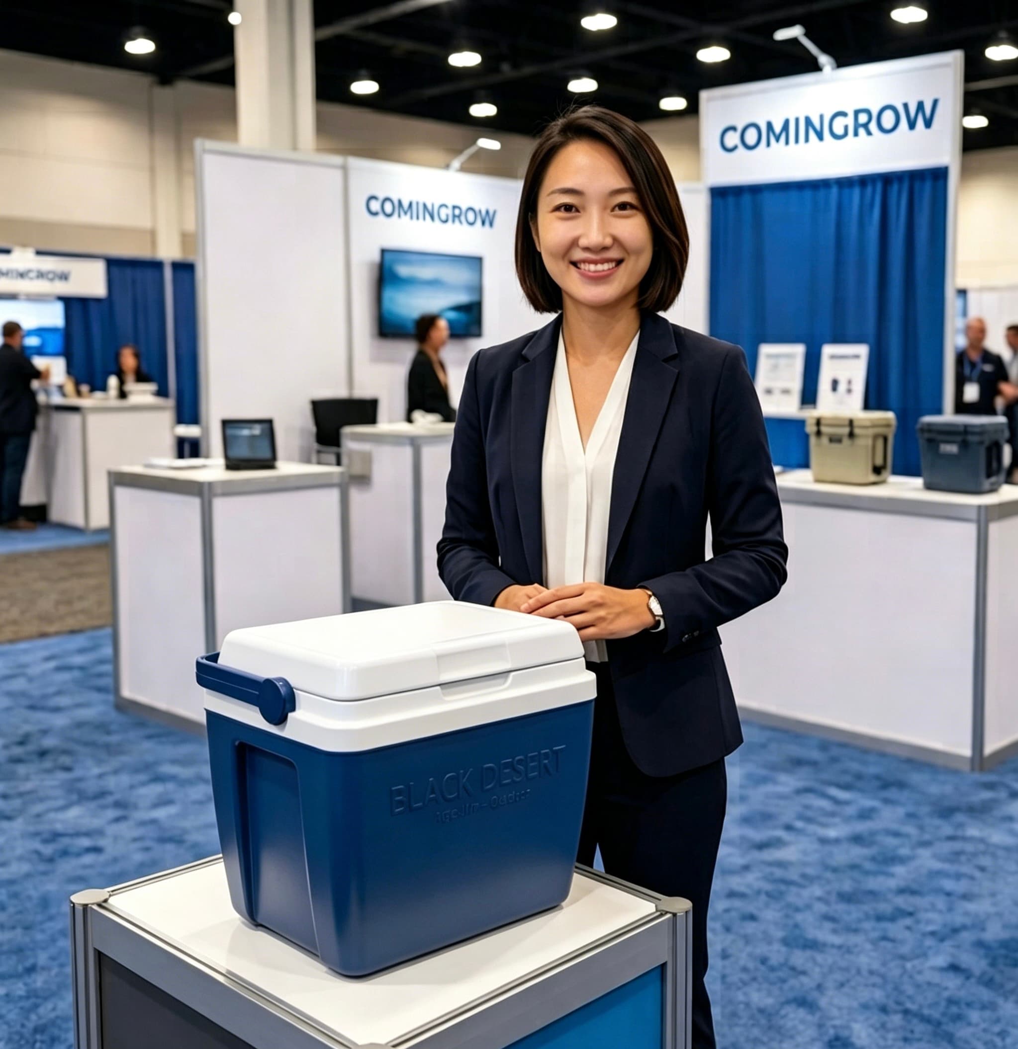 Smiling woman in a blazer stands behind a blue Black Desert cooler at a trade show.