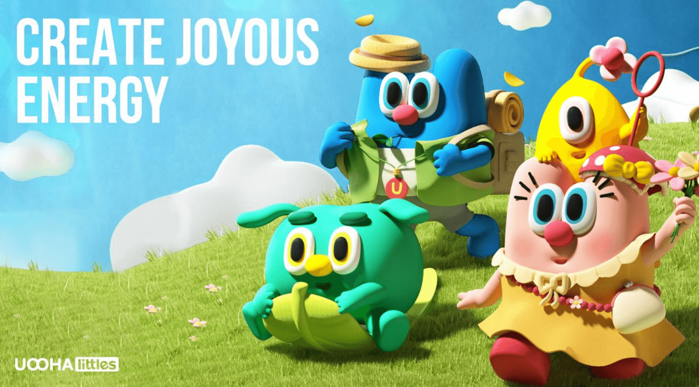 Four colorful 3D characters exploring a sunny hill with the text 'CREATE JOYOUS ENERGY'.