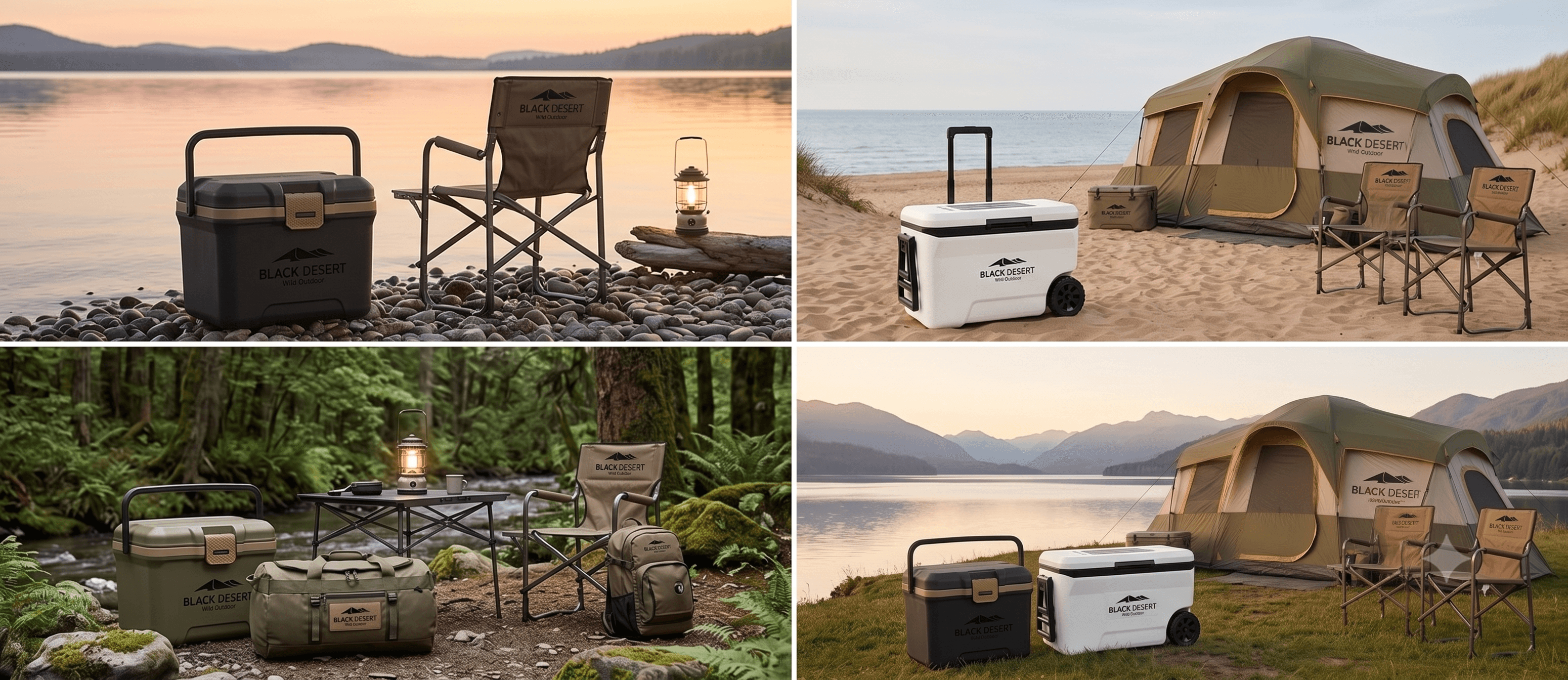 Black Desert Wild Outdoor camping equipment displayed in forest, beach, and lakeside wilderness scenes.