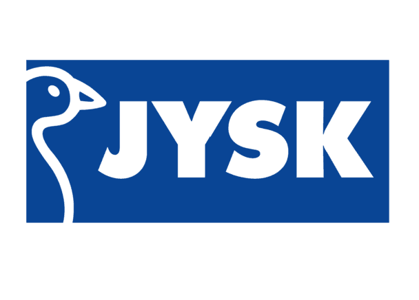 JYSK logo featuring white bold text and a goose outline on a blue rectangular background.