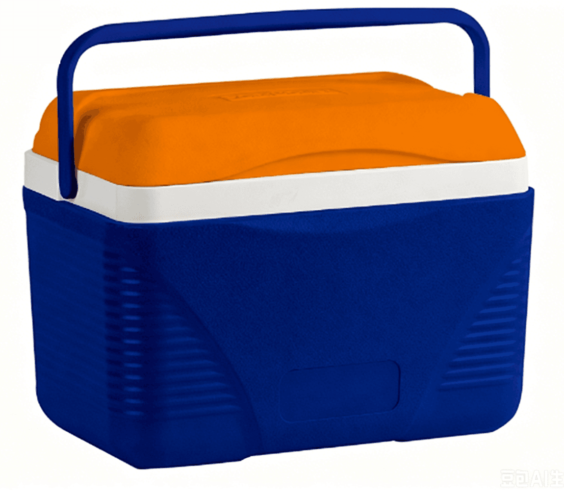 Blue portable cooler box with an orange lid, white trim, and blue swing handle.