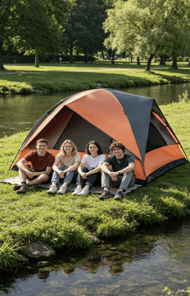 Four smiling friends sitting in front of an orange tent on a grassy riverbank.